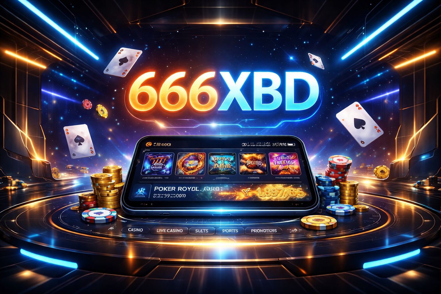 Stylish digital gaming scene with glowing 666XBD branding, cards, chips and mobile interface for Bangladesh players