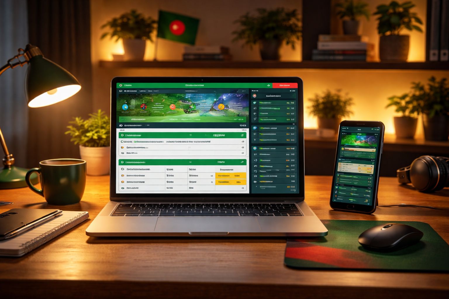 Clean home setup with laptop and phone showing 666XBD sports betting markets for cricket and football