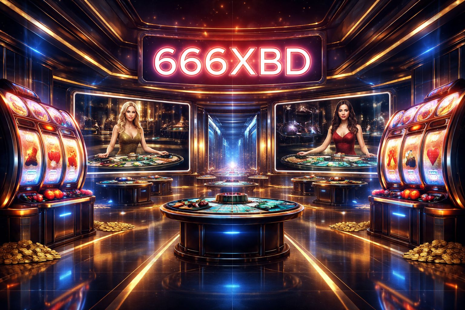 Dynamic online casino display with glowing reels, live tables, and a visible 666XBD sign designed for Bangladesh players