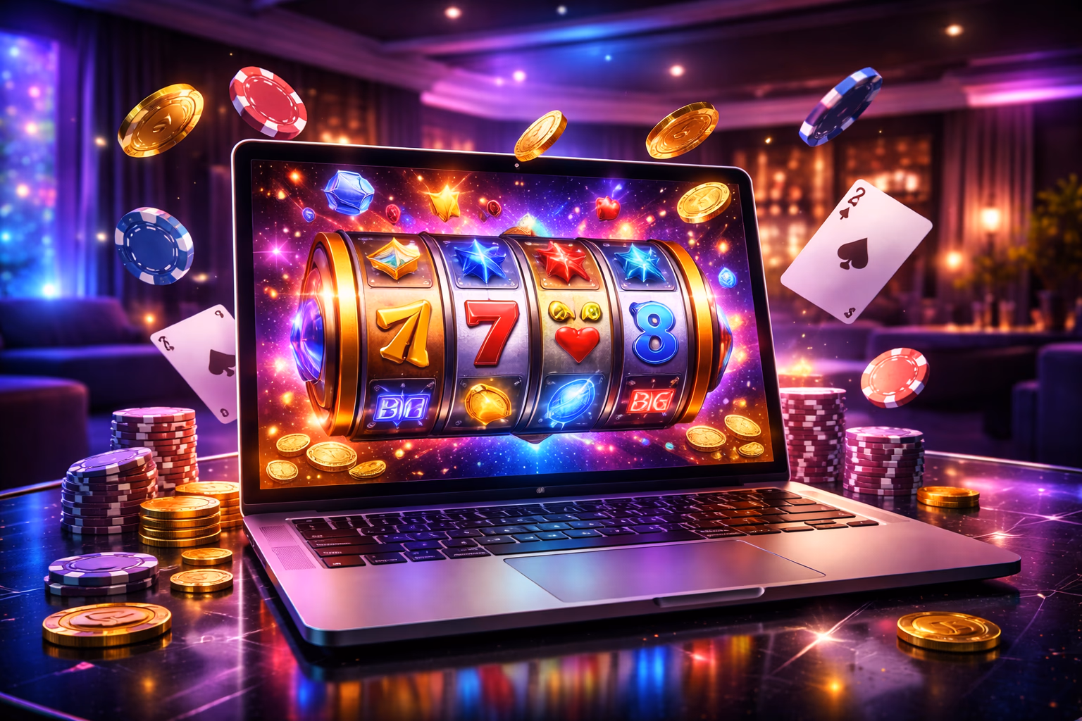 Modern laptop displaying dynamic 666XBD casino games with glowing reels, chips and immersive digital lighting