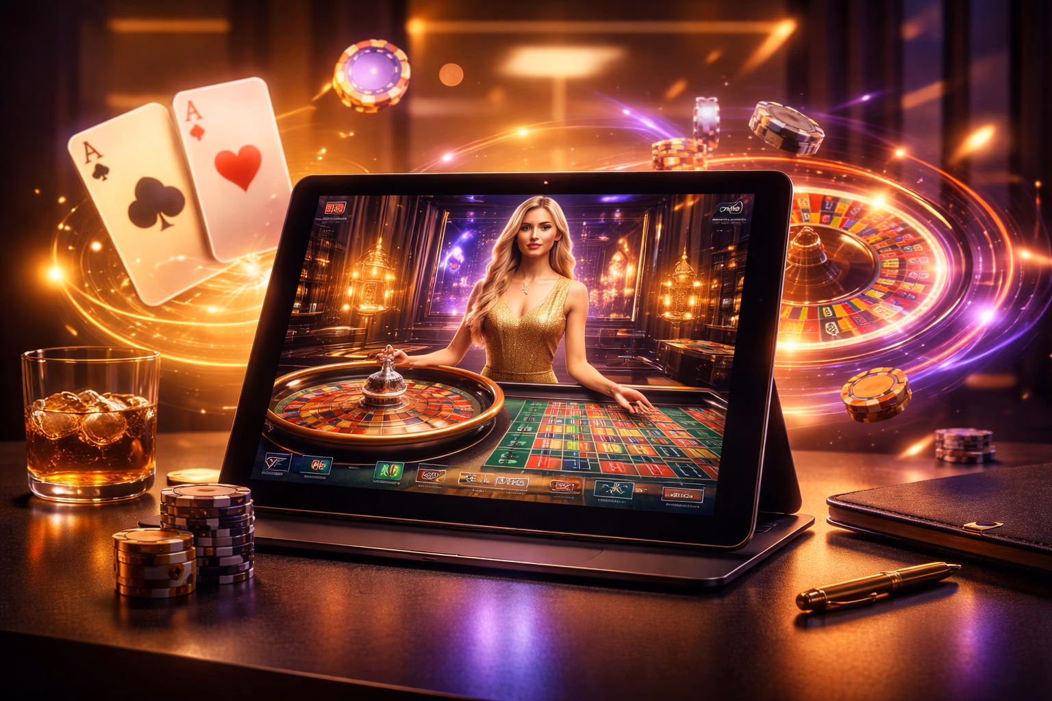Stylish gaming setup in Bangladesh showing a user enjoying 666XBD casino content on a tablet with neon ambiance