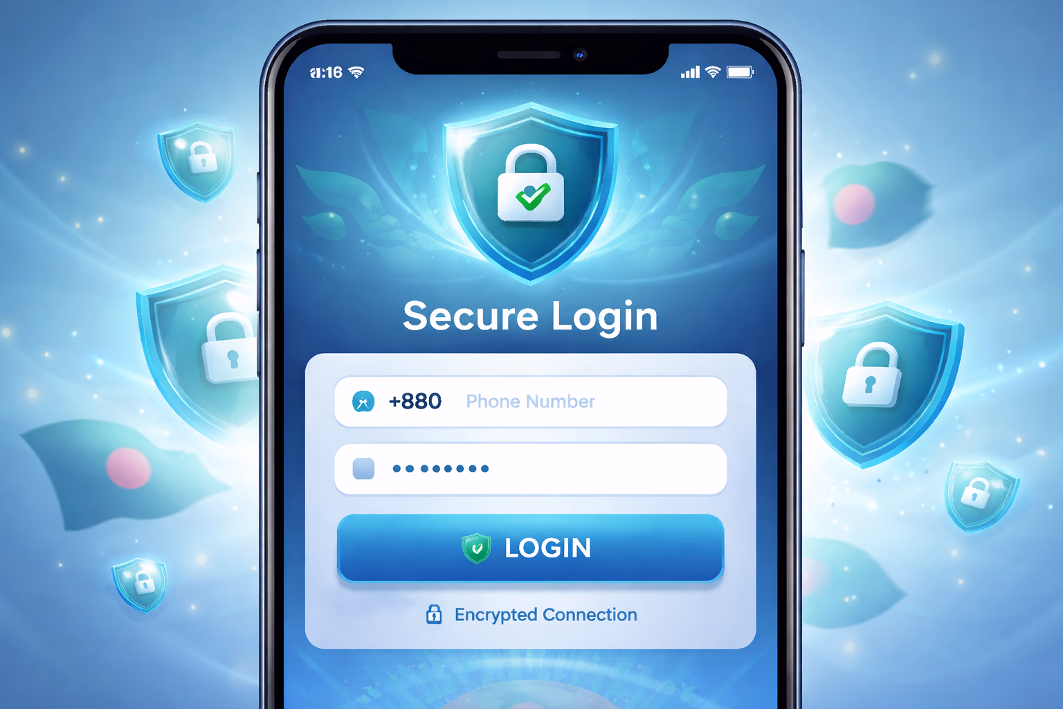 Secure mobile account protection concept for 666XBD with shield graphics and Bangladesh gaming interface